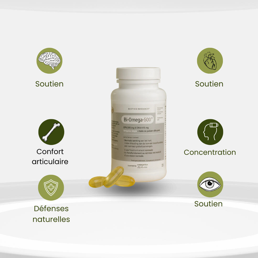 Bi-Omega 500 – Cœur, Cerveau, Articulations - Oméga-3 DHA & EPA hautement purifiés - Energetica Natura