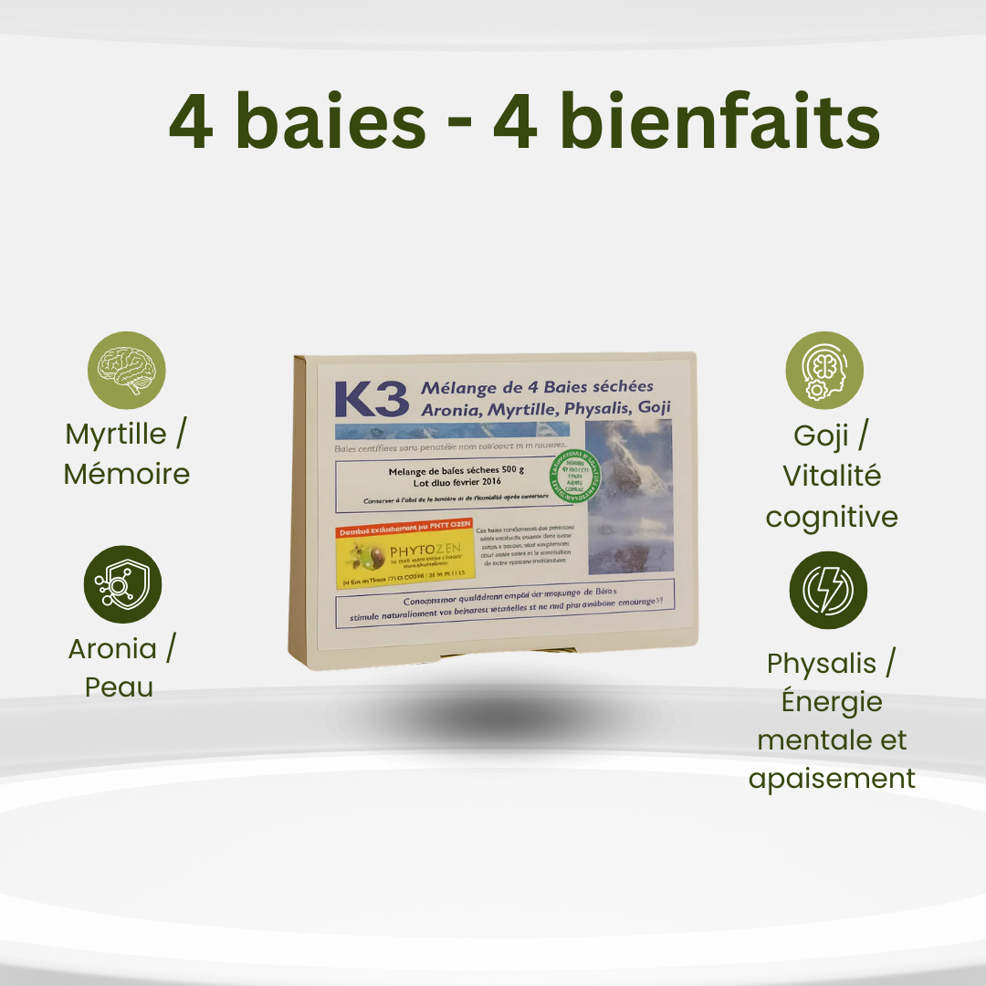 Mélange K3 Bio – 4 Baies pour Équilibre Nerveux, Mémoire & Vitalité | Phytozen